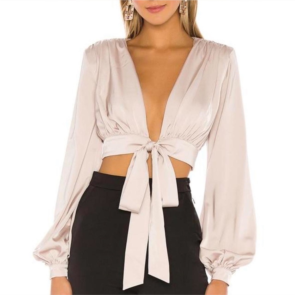 Revolve NBD Taupe Long-sleeve Tie Top